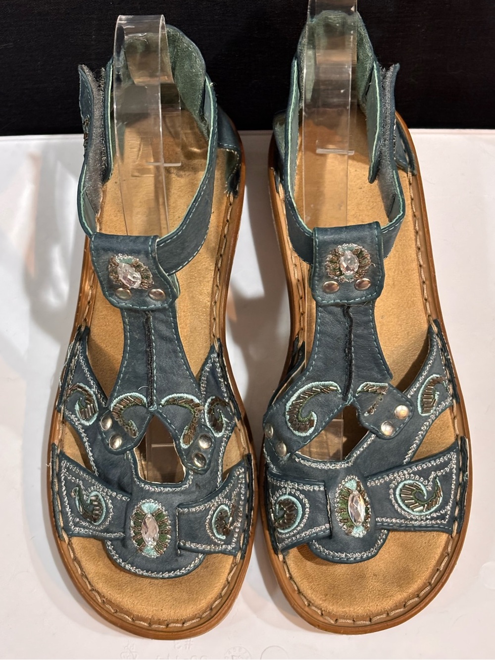 RIEKER Embellished Leather Comfort Sandal–EU 37 / US 6.5-7 – Blue Boho T-Strap - Picture 8 of 12